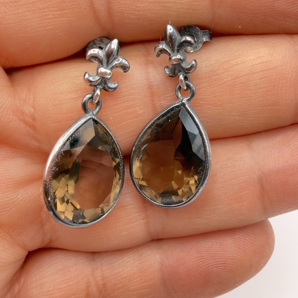Vtg Smokey Quartz Sterling Silver Earrings Fleur De Liss Open Bezel Teardrop